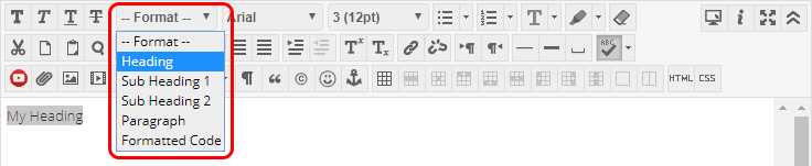 Heading selection in Blackboard Content Editor