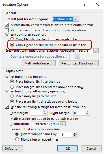 Equation options