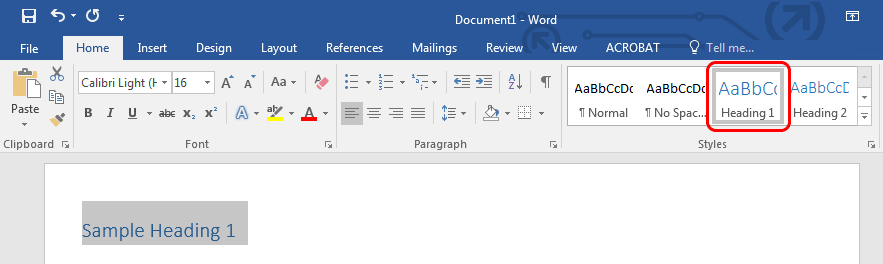 Heading selection in MS Word