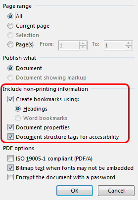 Word save as PDF settings