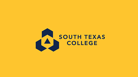 Blue South Texas College logo on a yellow background.
