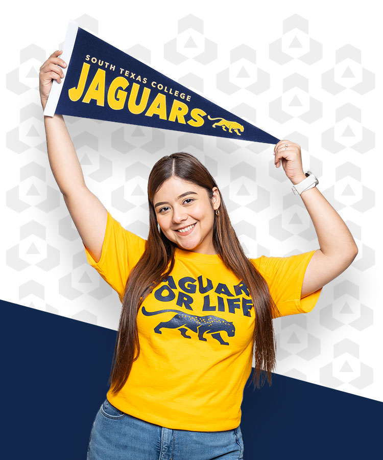 student with pennant